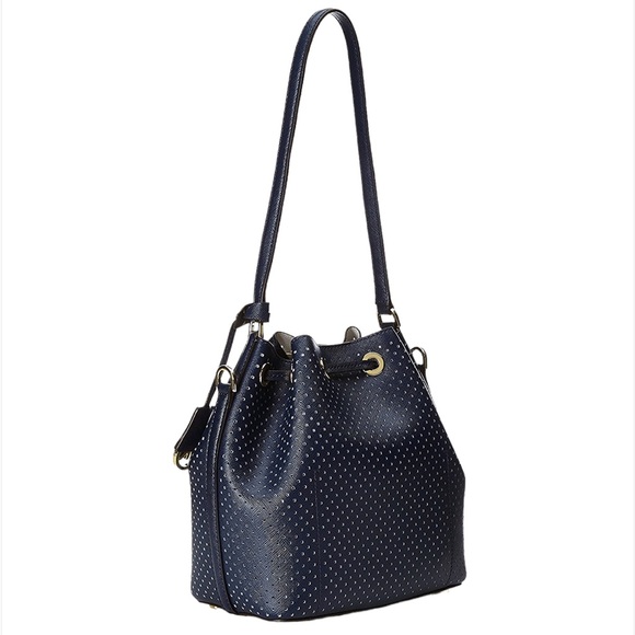 Michael Kors Greenwich Bucket Bag Navy Perforated Crossbody Handle Drawstring - Picture 3 of 13